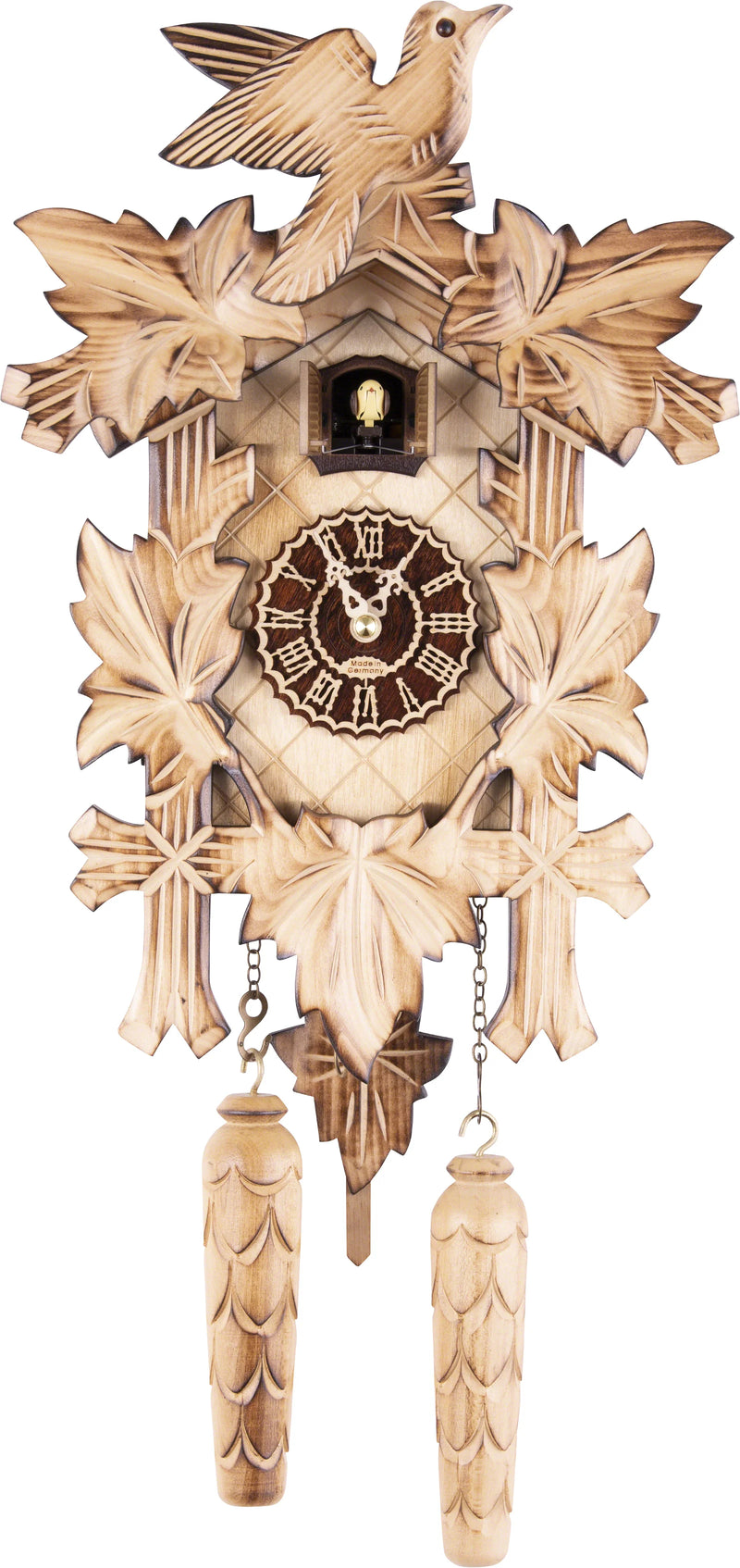 KU374QM - Quartz Musical 5 Leaf Cuckoo Clock with Burned Finish