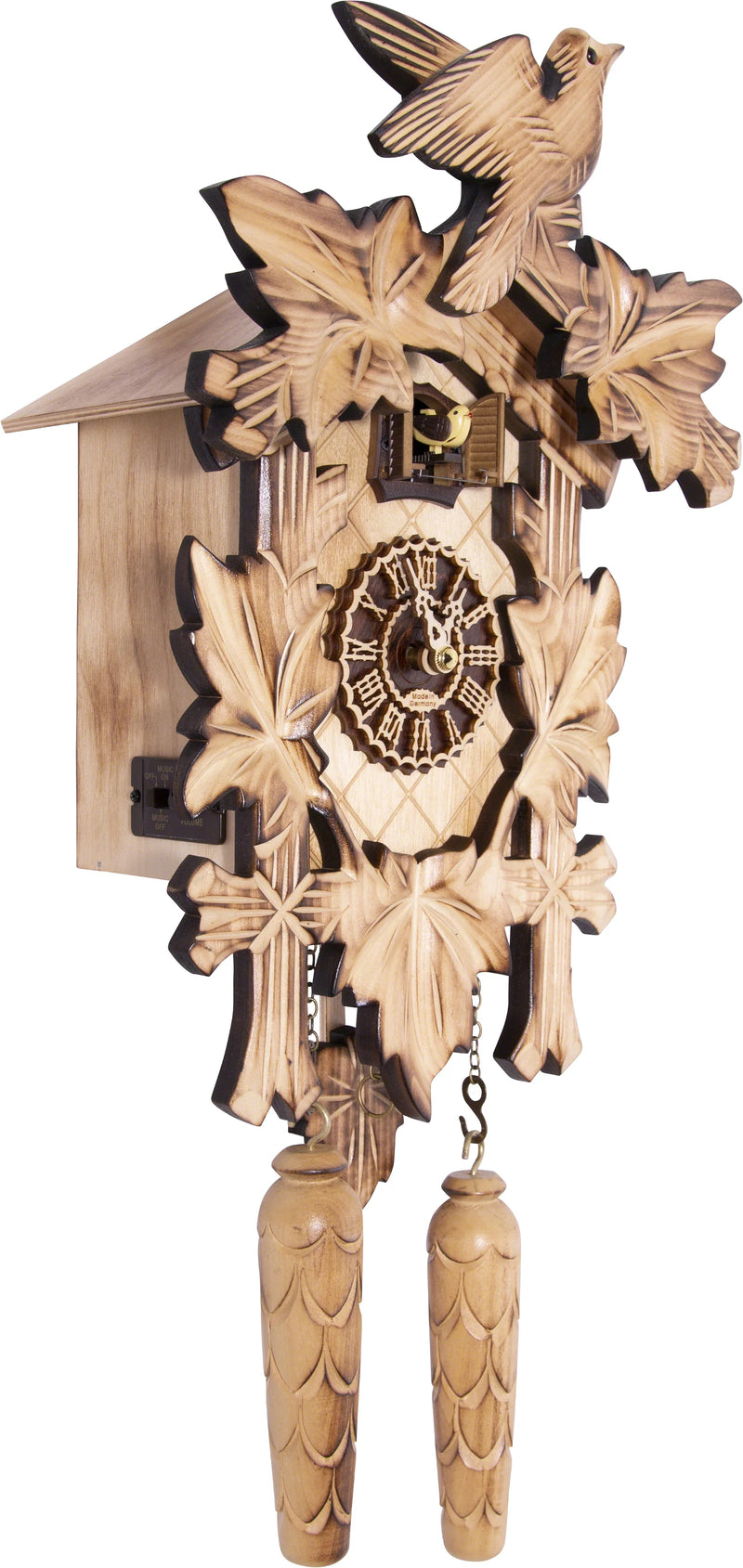 KU374QM - Quartz Musical 5 Leaf Cuckoo Clock with Burned Finish