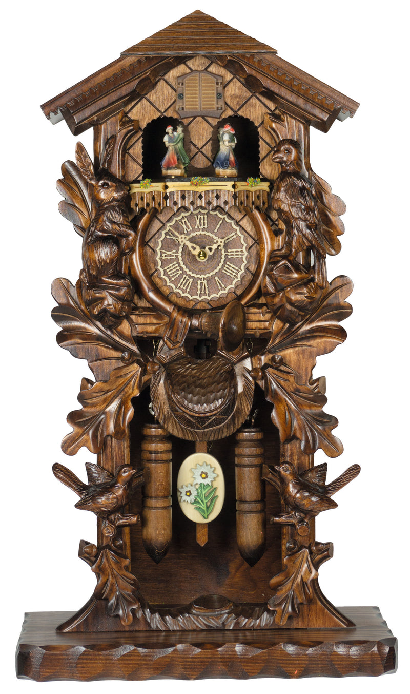 KU386QMT - Quartz Musical Mantle Cuckoo Clock with Hunter Carving and Birds